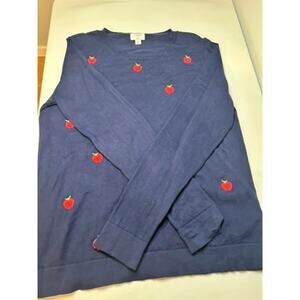 J Crew Apple Embroidered Sweater Womens Large Navy Crewneck Teddie Cotton